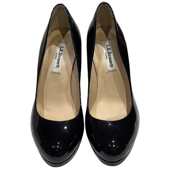 LK Bennett Sledge Black Patent Leather Round Toe Pumps Platform Heels Size 7 - Picture 3 of 10